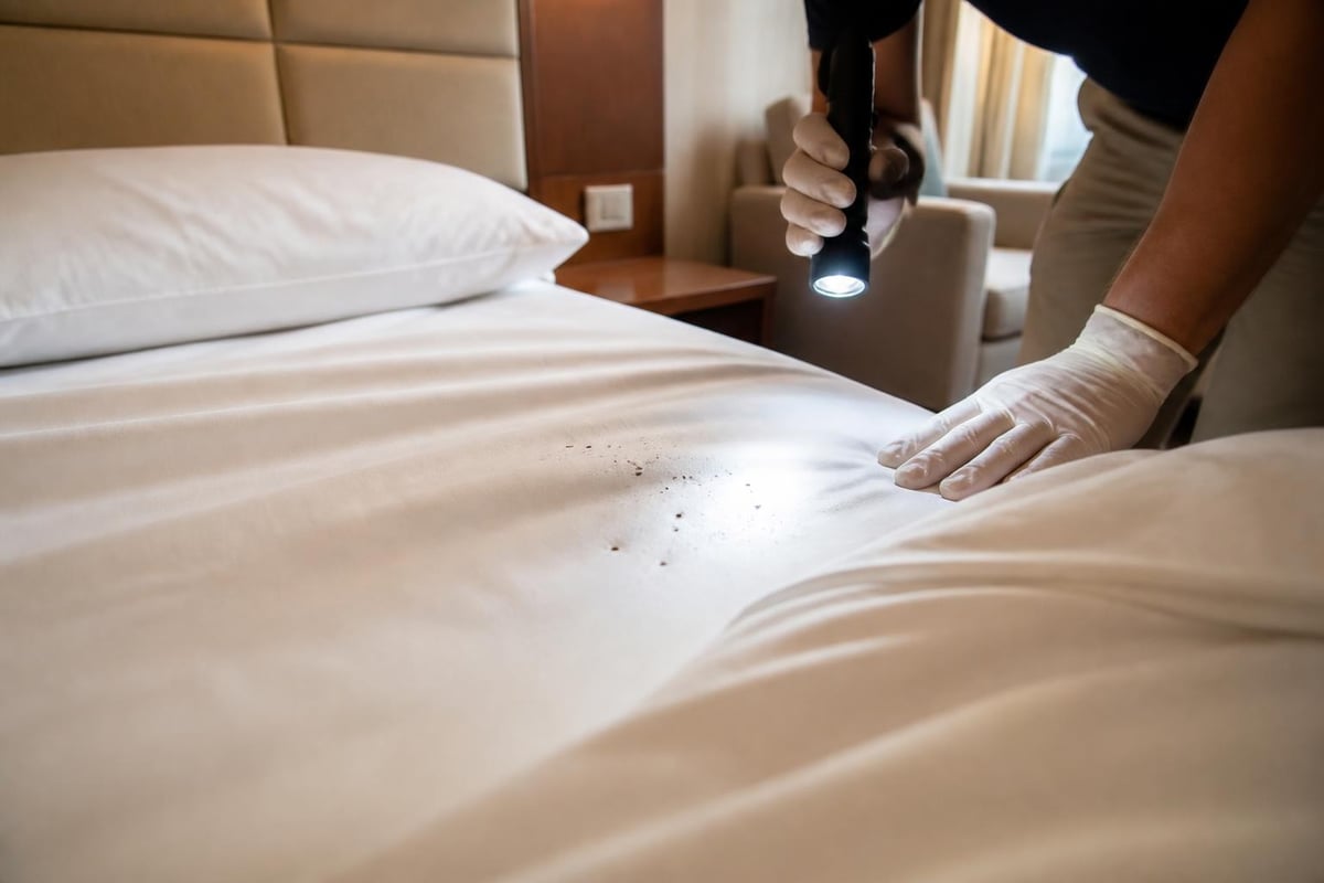 Kontrolle auf Ungeziefer im Hotel: Person mit Handschuhen prüft dunkle Spuren auf weißer Bettwäsche mit einer Taschenlampe.